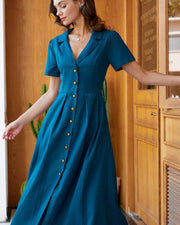 Camille | Pleated V-Neck Button Front Summer Dress