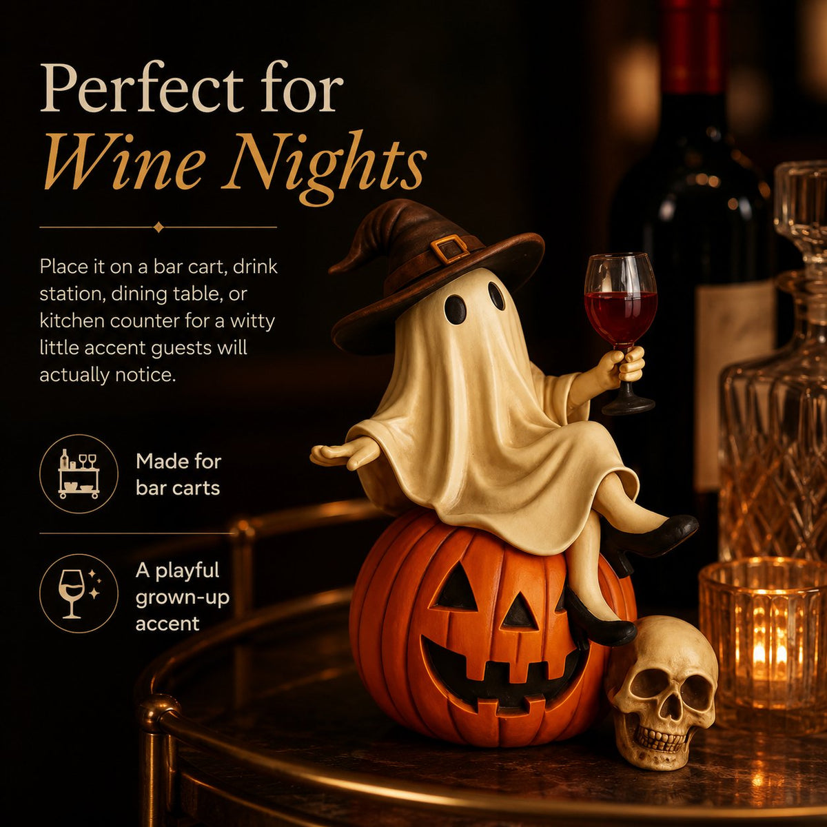 Ceramic Halloween Figurine with Ghost and Wine Glass – Ideal for Tabletop Decor