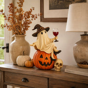 Ceramic Halloween Figurine with Ghost and Wine Glass – Ideal for Tabletop Decor