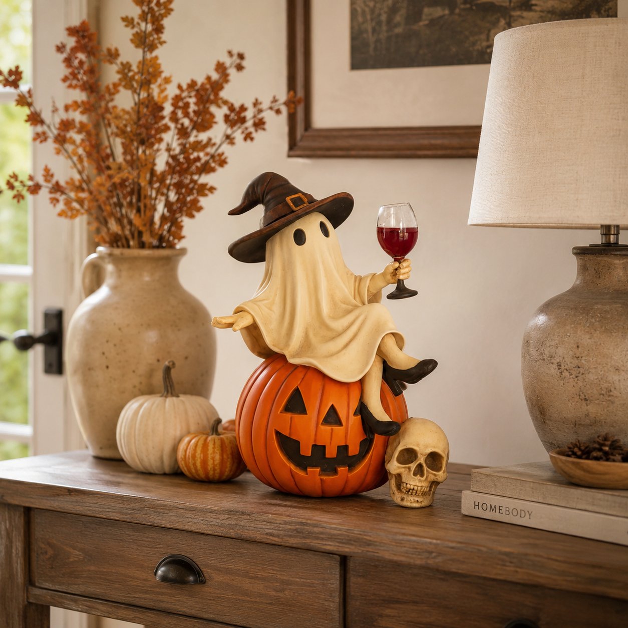 Ceramic Halloween Figurine with Ghost and Wine Glass – Ideal for Tabletop Decor