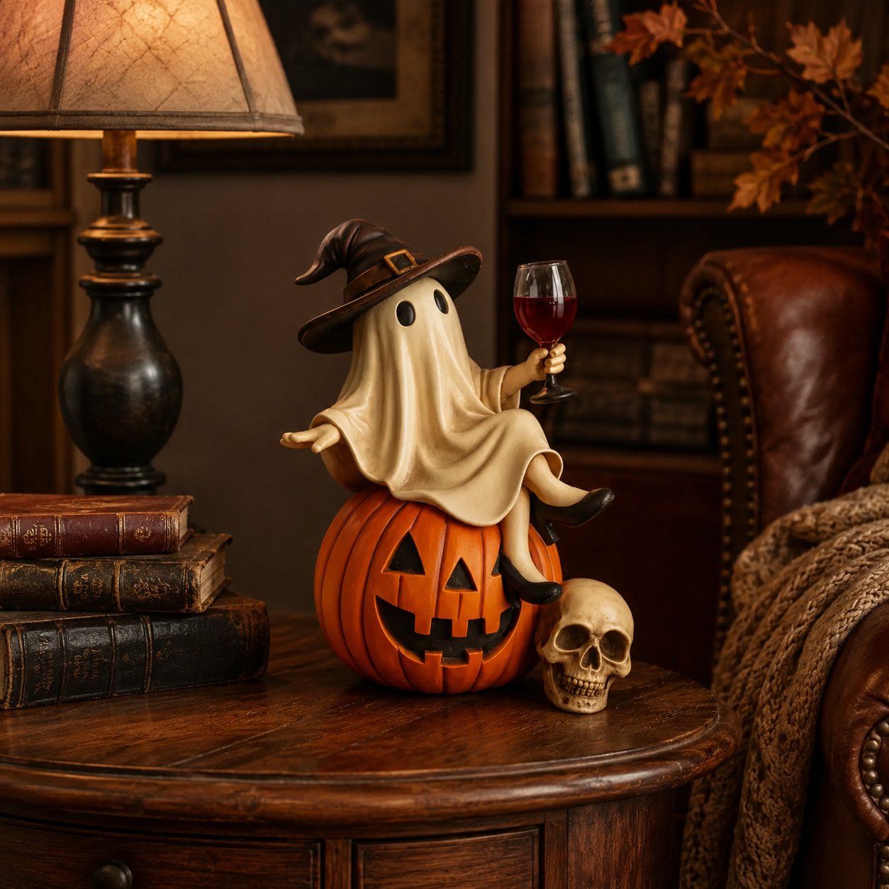 Ceramic Halloween Figurine with Ghost and Wine Glass – Ideal for Tabletop Decor