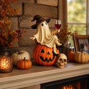Ceramic Halloween Figurine with Ghost and Wine Glass – Ideal for Tabletop Decor