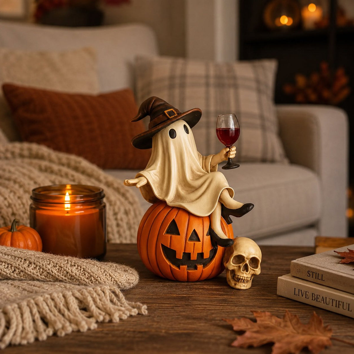 Ceramic Halloween Figurine with Ghost and Wine Glass – Ideal for Tabletop Decor