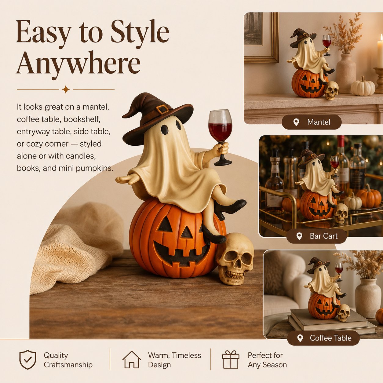 Ceramic Halloween Figurine with Ghost and Wine Glass – Ideal for Tabletop Decor
