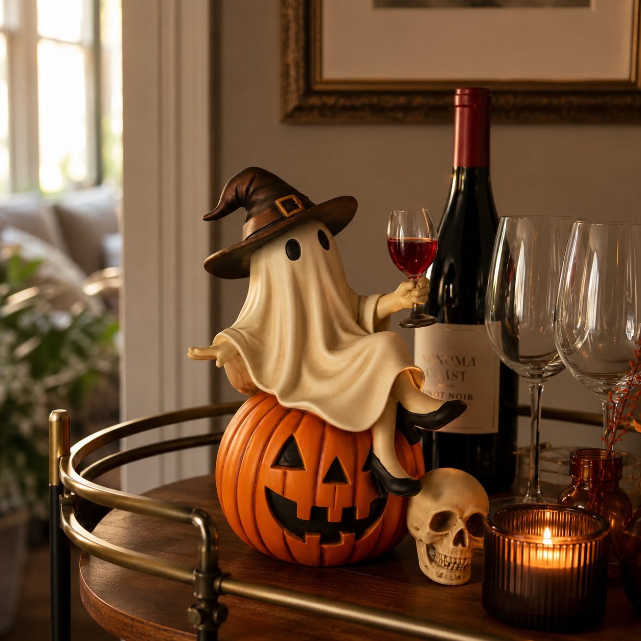 Ceramic Halloween Figurine with Ghost and Wine Glass – Ideal for Tabletop Decor