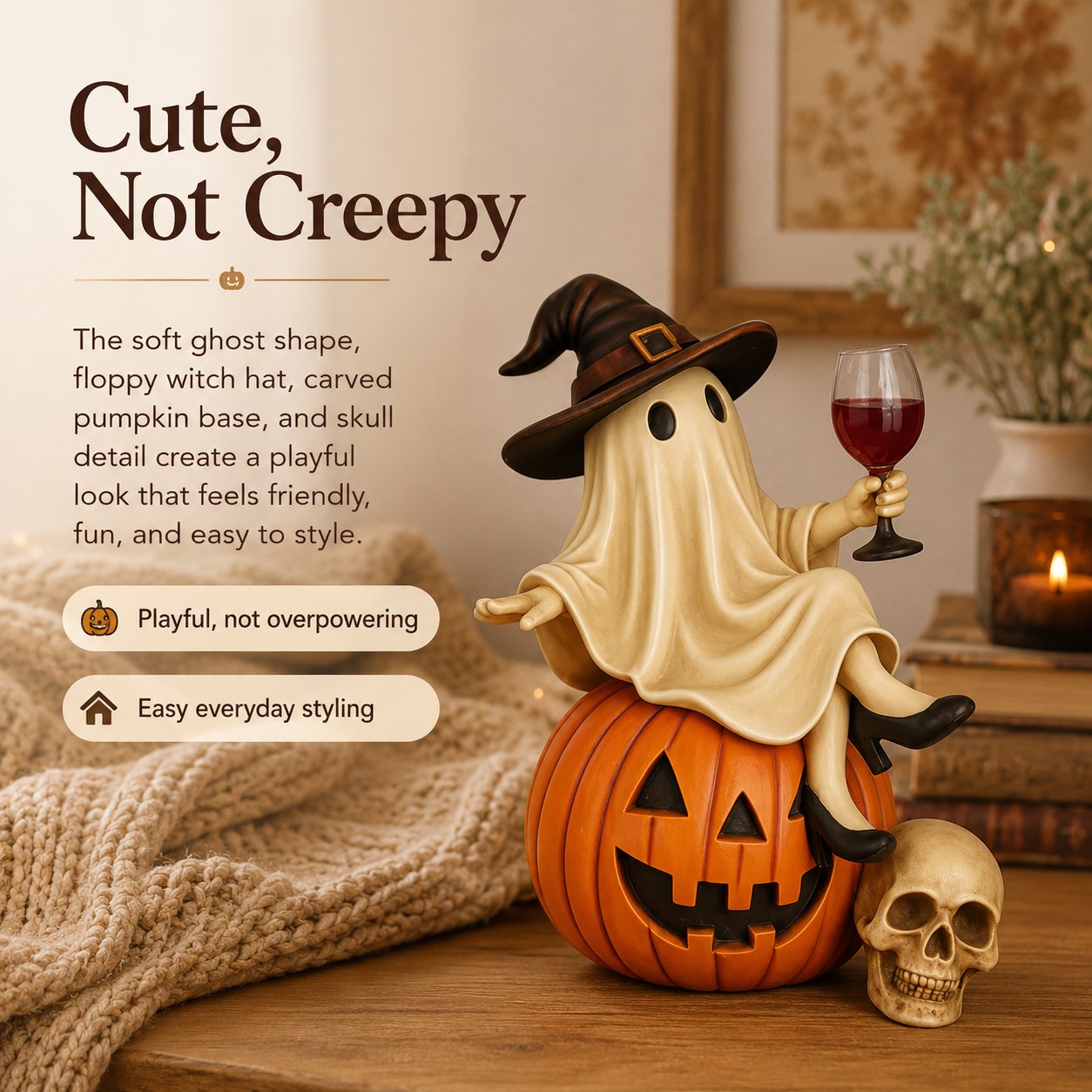 Ceramic Halloween Figurine with Ghost and Wine Glass – Ideal for Tabletop Decor