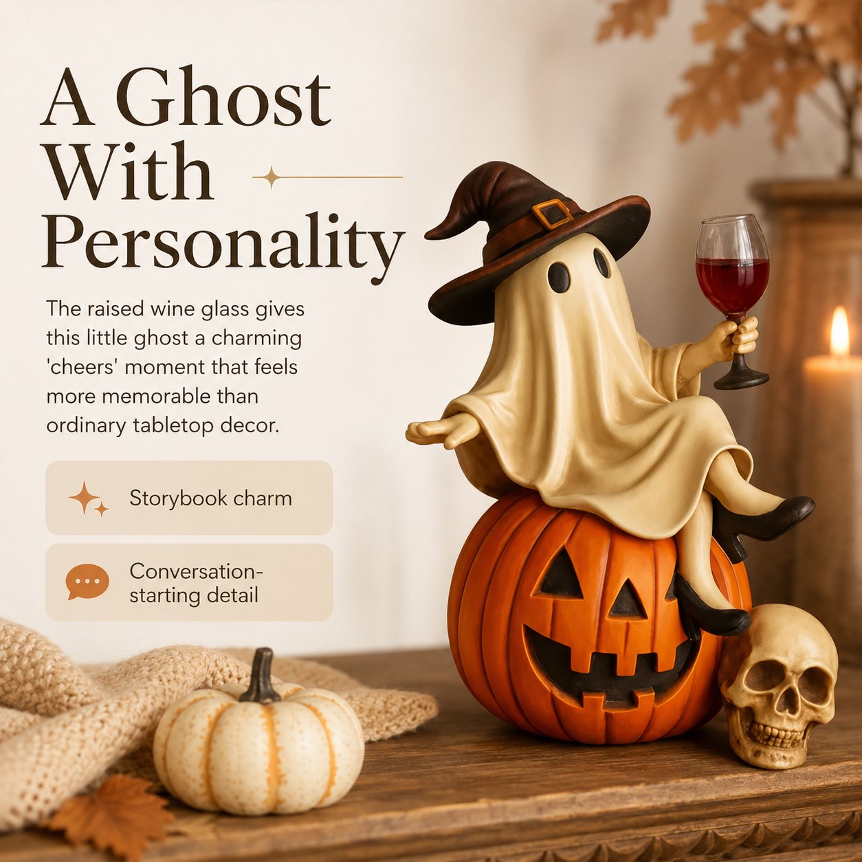 Ceramic Halloween Figurine with Ghost and Wine Glass – Ideal for Tabletop Decor