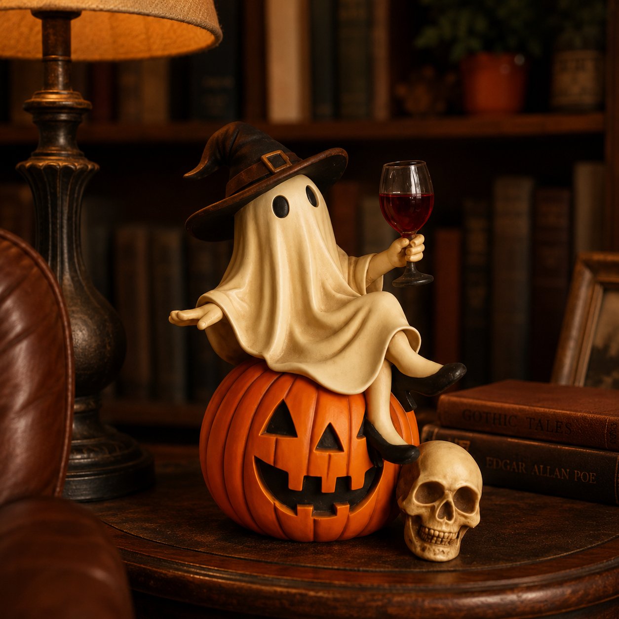 Ceramic Halloween Figurine with Ghost and Wine Glass – Ideal for Tabletop Decor