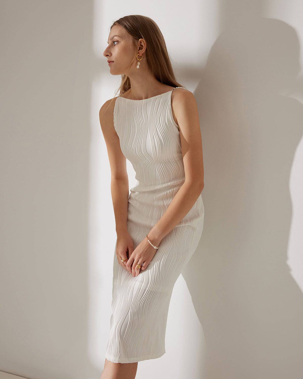 Charlotte | Textured Fit Pearl Strap Wedding Guest Dress