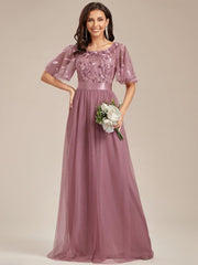 Cleo | A-Line Ruffle Sleeve Prom Dress