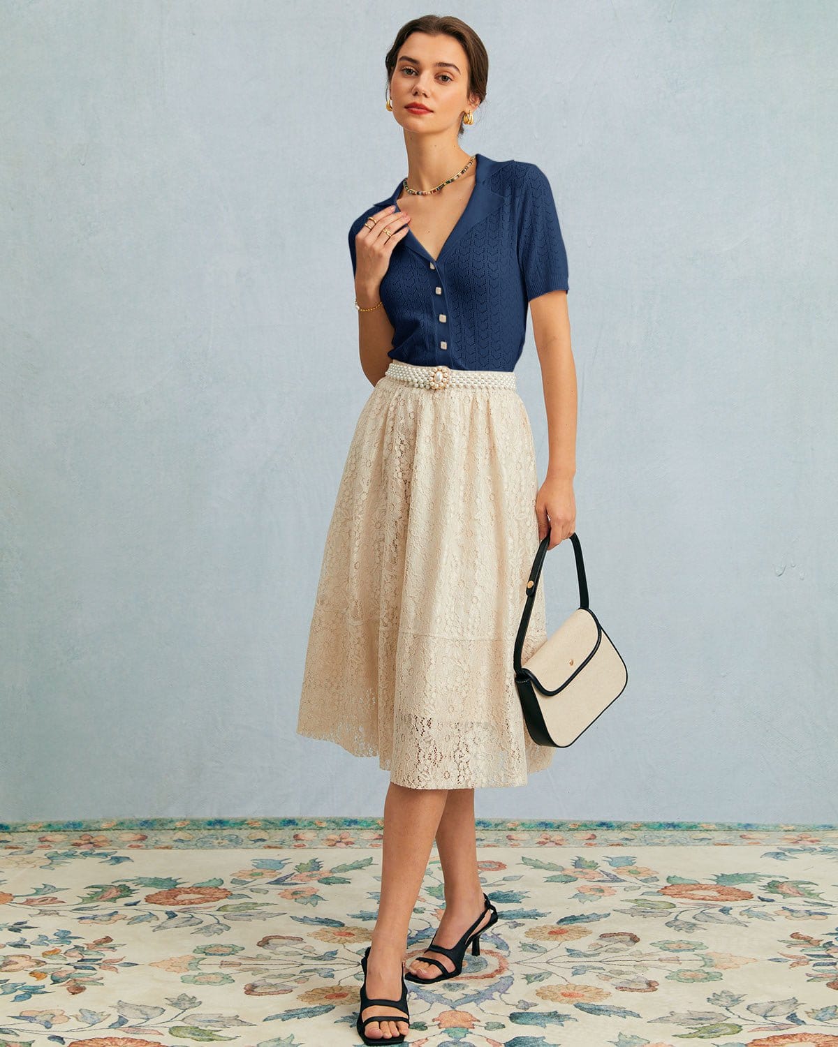 Cora | Slim Fit Collared Pointelle Knit Holiday Top