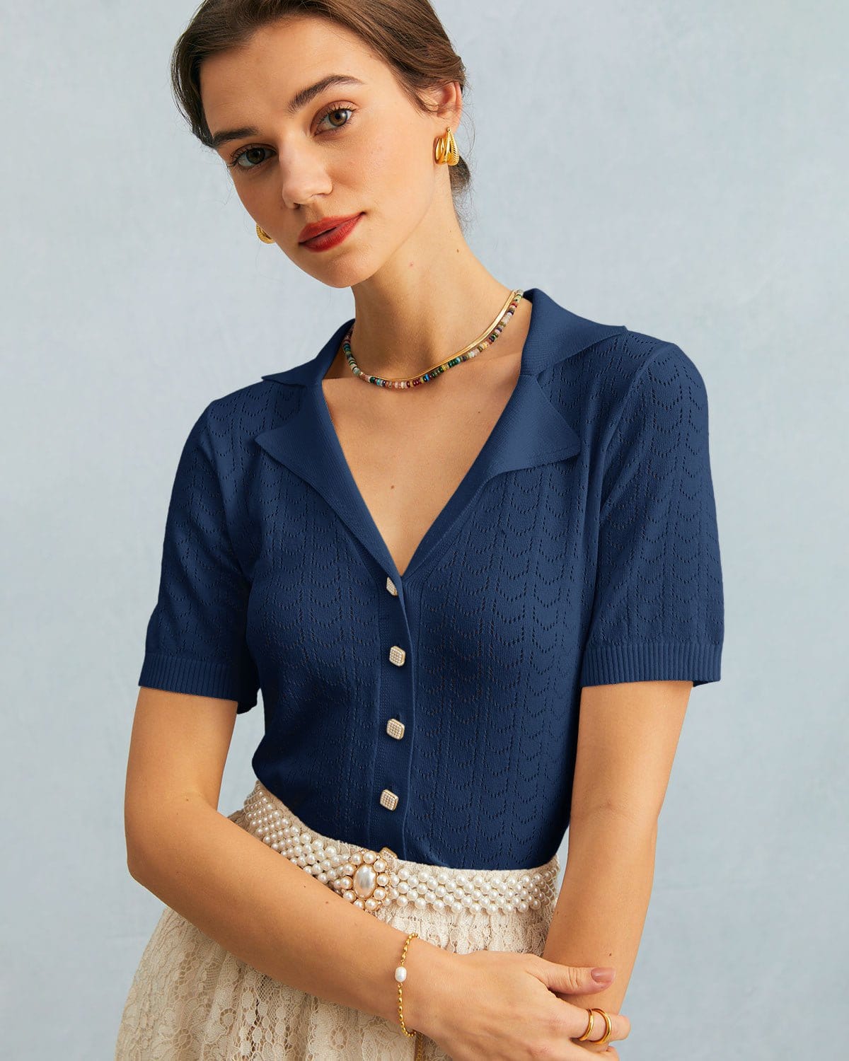 Cora | Slim Fit Collared Pointelle Knit Holiday Top