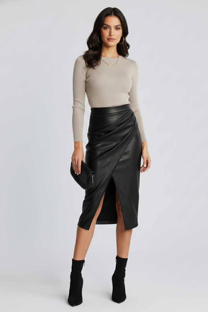 Cressida | Pleated Midi Skirt with Front Split