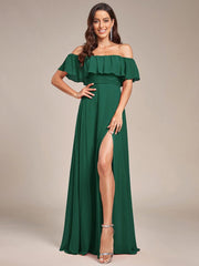 Estelle | Off-Shoulder Ruffle Bridesmaid Dress with Thigh Split