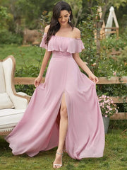 Estelle | Off-Shoulder Ruffle Bridesmaid Dress with Thigh Split