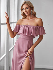 Estelle | Off-Shoulder Ruffle Bridesmaid Dress with Thigh Split