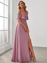Estelle | Off-Shoulder Ruffle Bridesmaid Dress with Thigh Split