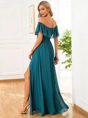 Estelle | Off-Shoulder Ruffle Bridesmaid Dress with Thigh Split