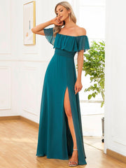 Estelle | Off-Shoulder Ruffle Bridesmaid Dress with Thigh Split