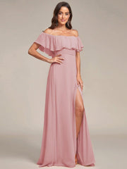 Estelle | Off-Shoulder Ruffle Bridesmaid Dress with Thigh Split