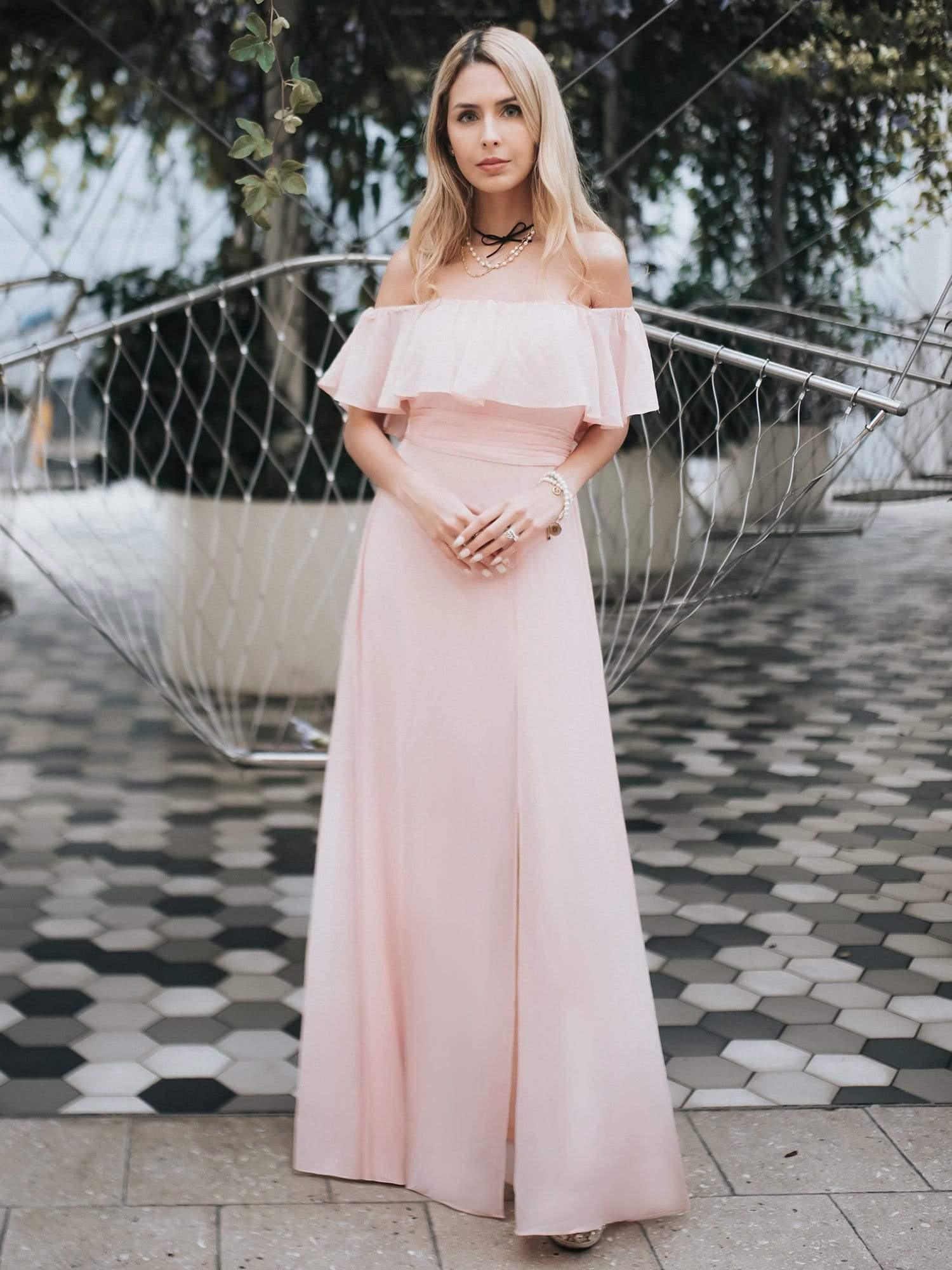 Estelle | Off-Shoulder Ruffle Bridesmaid Dress with Thigh Split
