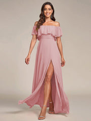 Estelle | Off-Shoulder Ruffle Bridesmaid Dress with Thigh Split