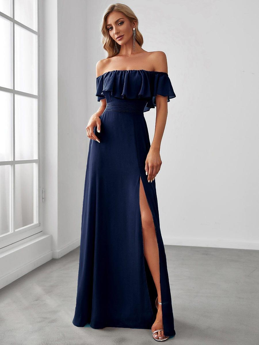 Estelle | Off-Shoulder Ruffle Bridesmaid Dress with Thigh Split