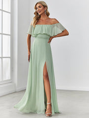 Estelle | Off-Shoulder Ruffle Bridesmaid Dress with Thigh Split
