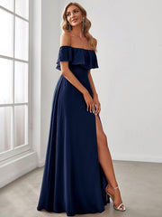 Estelle | Off-Shoulder Ruffle Bridesmaid Dress with Thigh Split