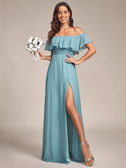 Estelle | Off-Shoulder Ruffle Bridesmaid Dress with Thigh Split