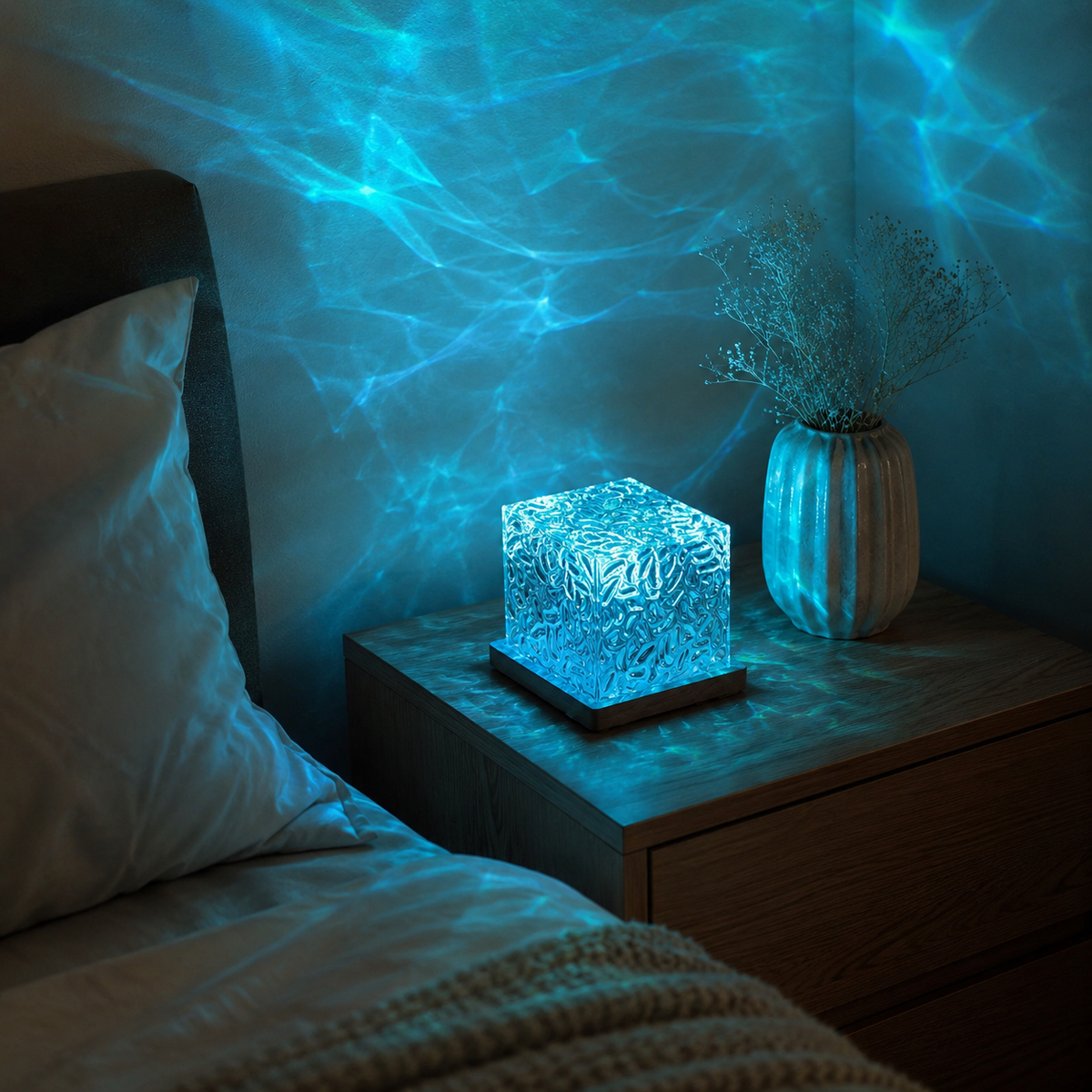 Evergreen Coastal Glass Table Lamp with Rotating Ripple Light – Ideal for Bedroom or Lounge