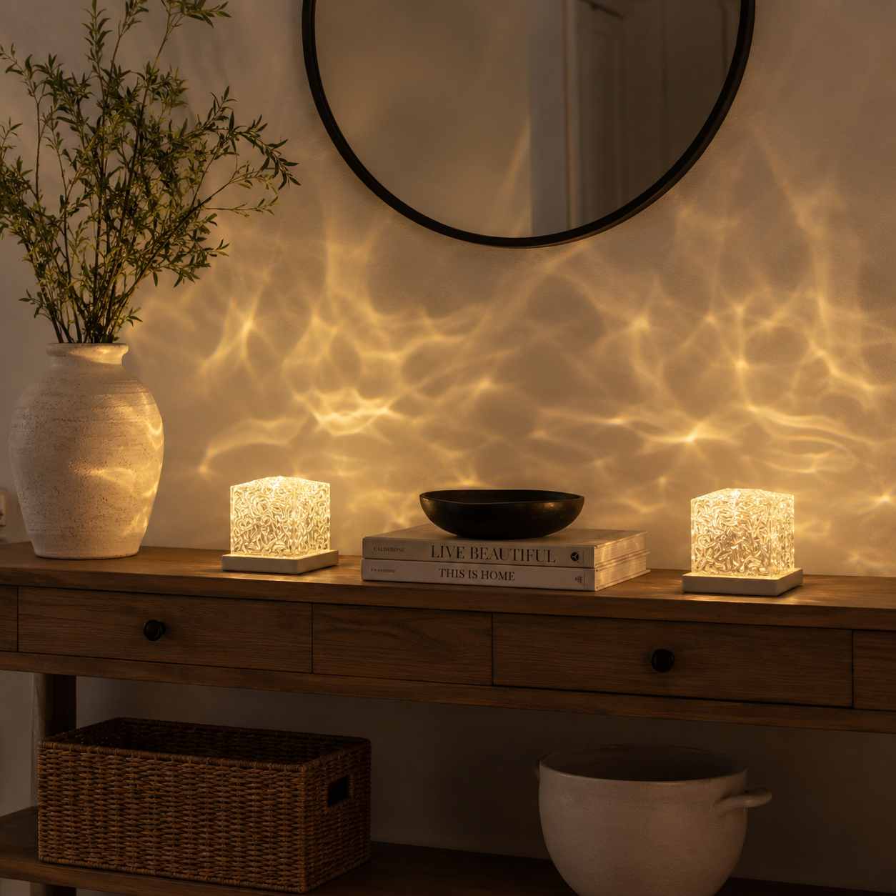 Evergreen Coastal Glass Table Lamp with Rotating Ripple Light – Ideal for Bedroom or Lounge