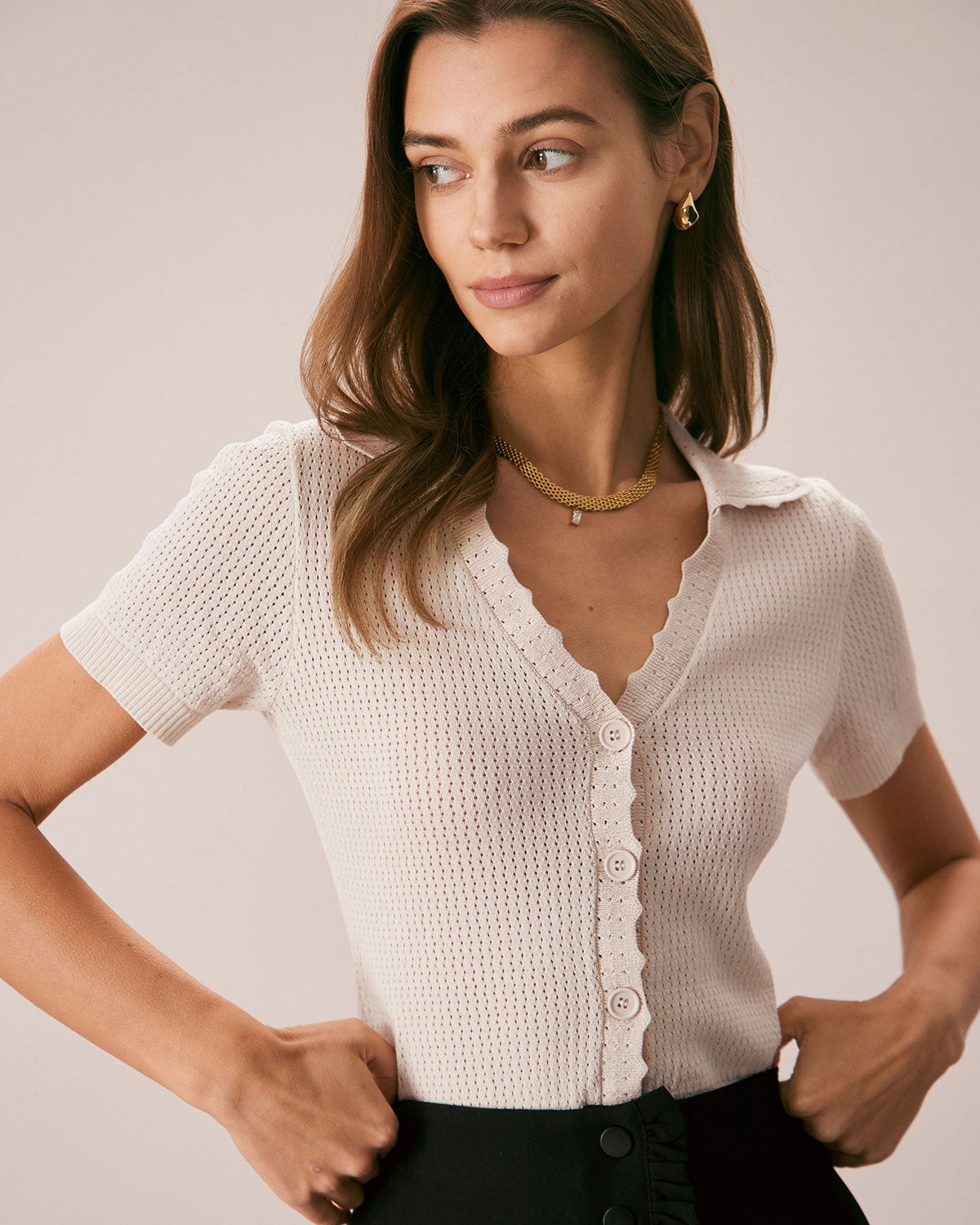 Gianna | Slim Fit V Neck Pointelle Knit Holiday Tee