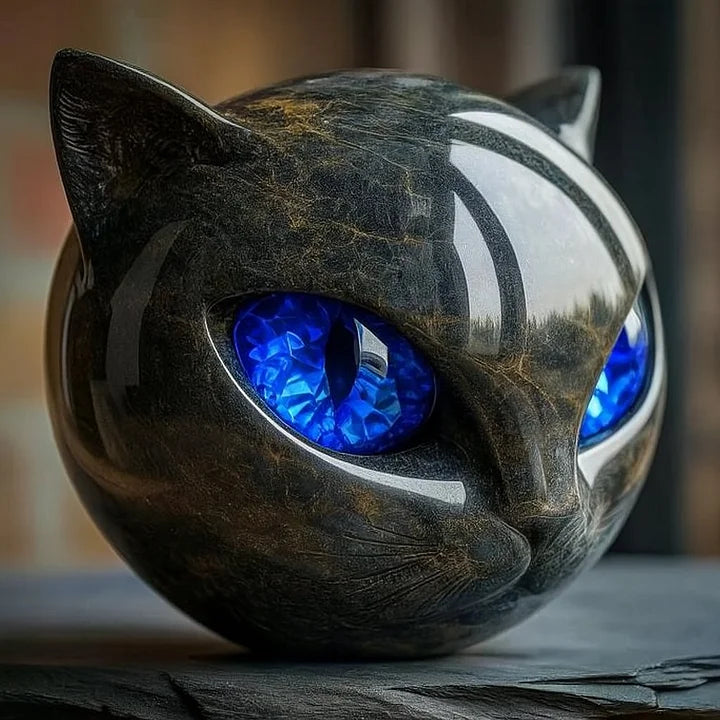 Glossy Marble-Like Resin Cat Head Sculpture with Hypnotic Eyes – Ideal for Living Room or Office