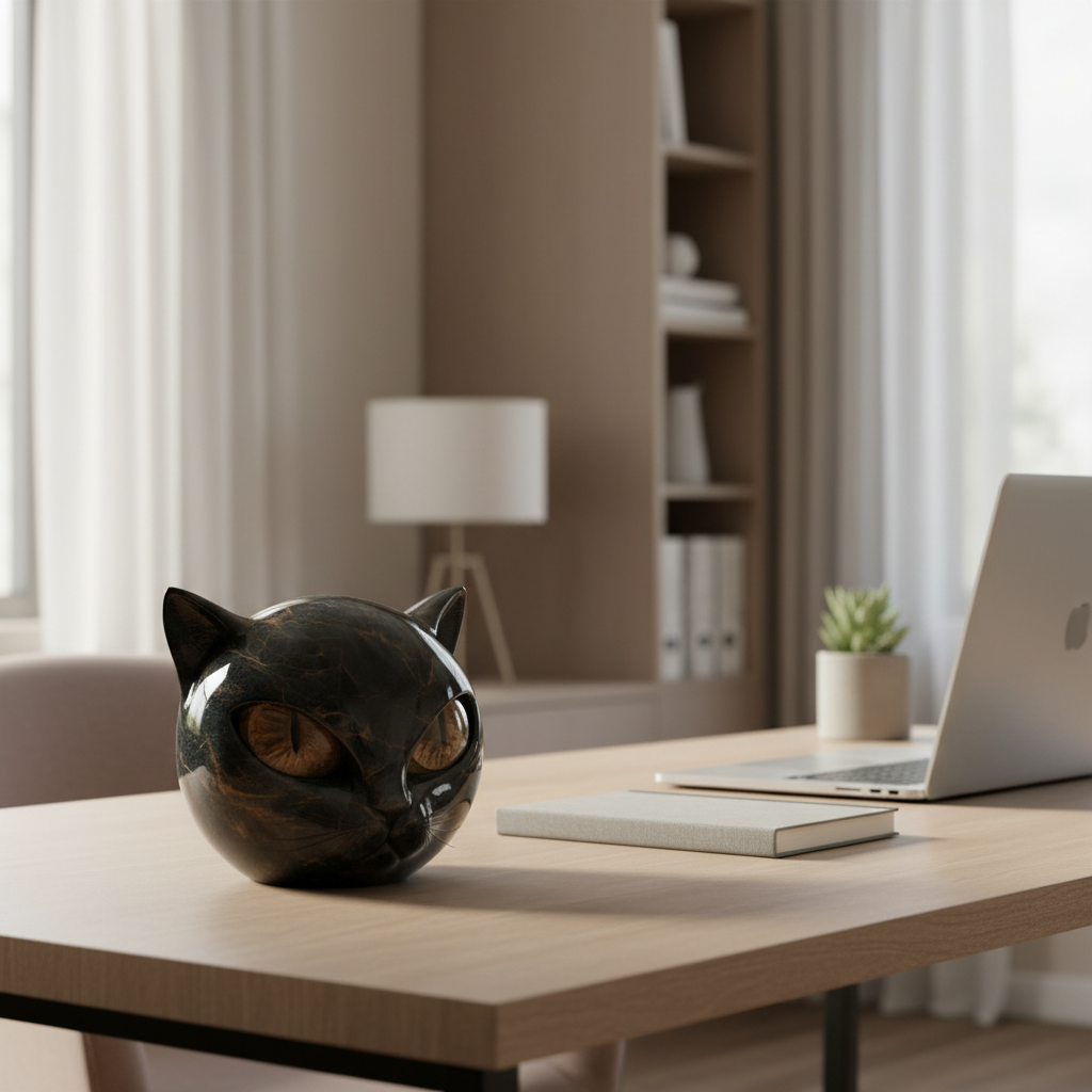 Glossy Marble-Like Resin Cat Head Sculpture with Hypnotic Eyes – Ideal for Living Room or Office