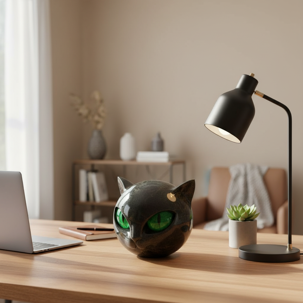 Glossy Marble-Like Resin Cat Head Sculpture with Hypnotic Eyes – Ideal for Living Room or Office