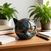 Glossy Marble-Like Resin Cat Head Sculpture with Hypnotic Eyes – Ideal for Living Room or Office