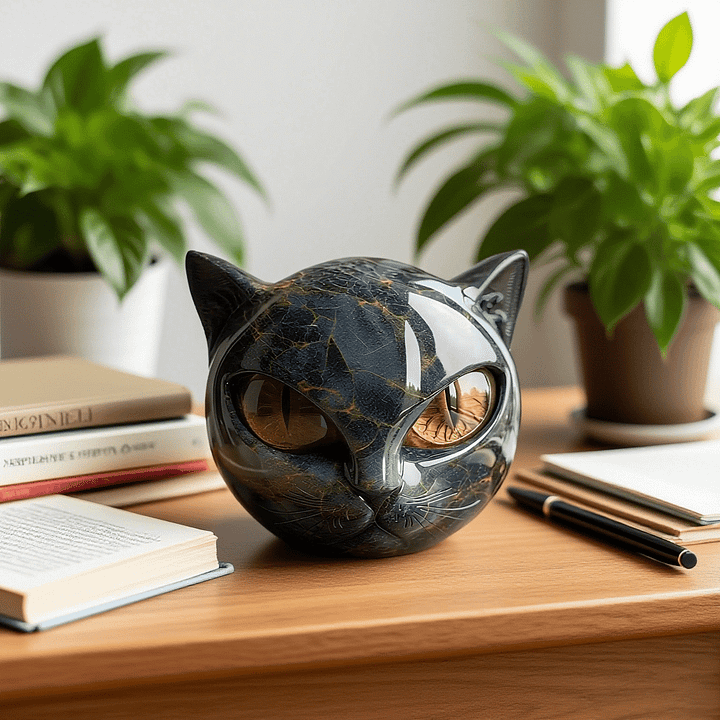 Glossy Marble-Like Resin Cat Head Sculpture with Hypnotic Eyes – Ideal for Living Room or Office