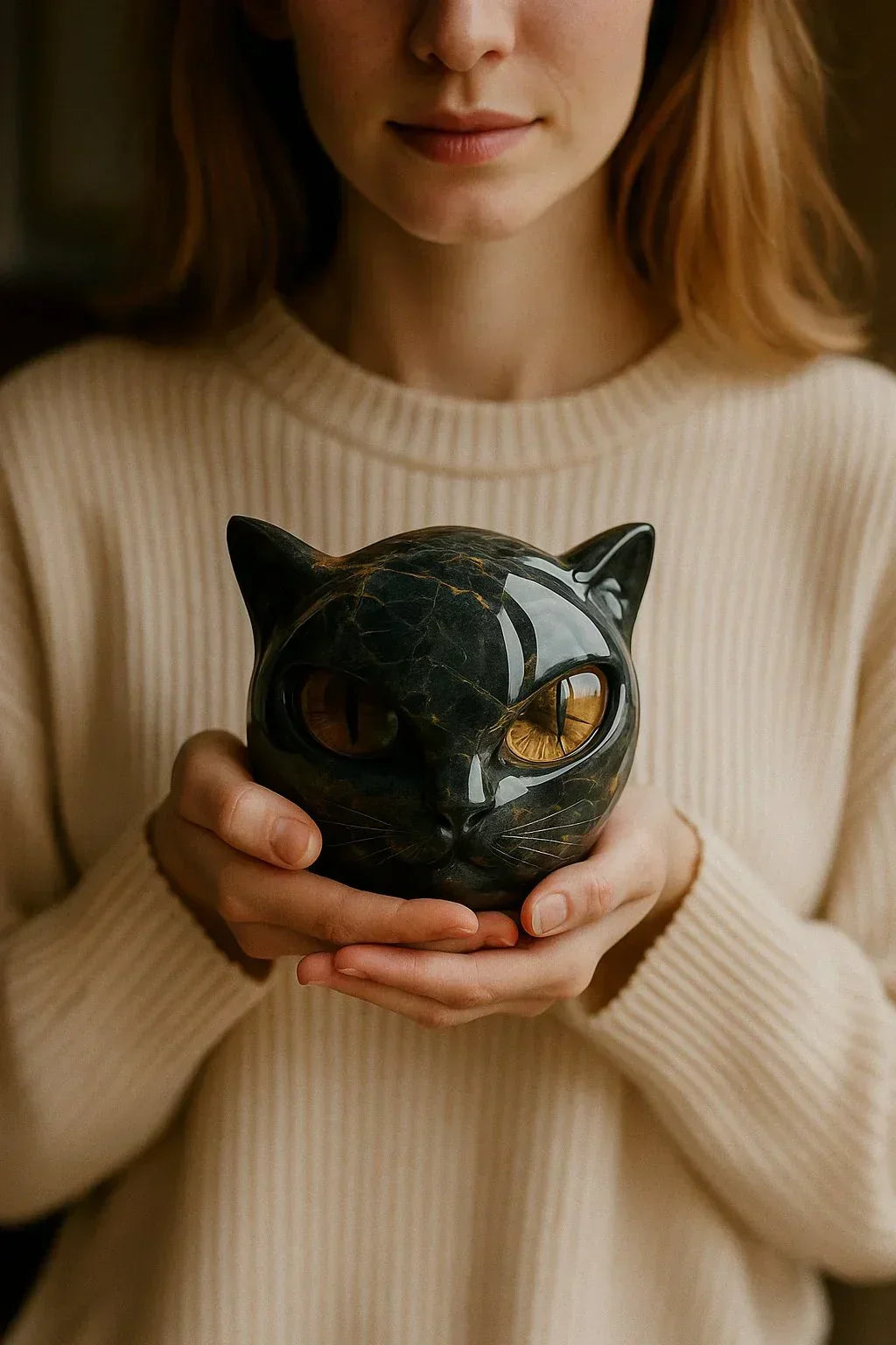 Glossy Marble-Like Resin Cat Head Sculpture with Hypnotic Eyes – Ideal for Living Room or Office