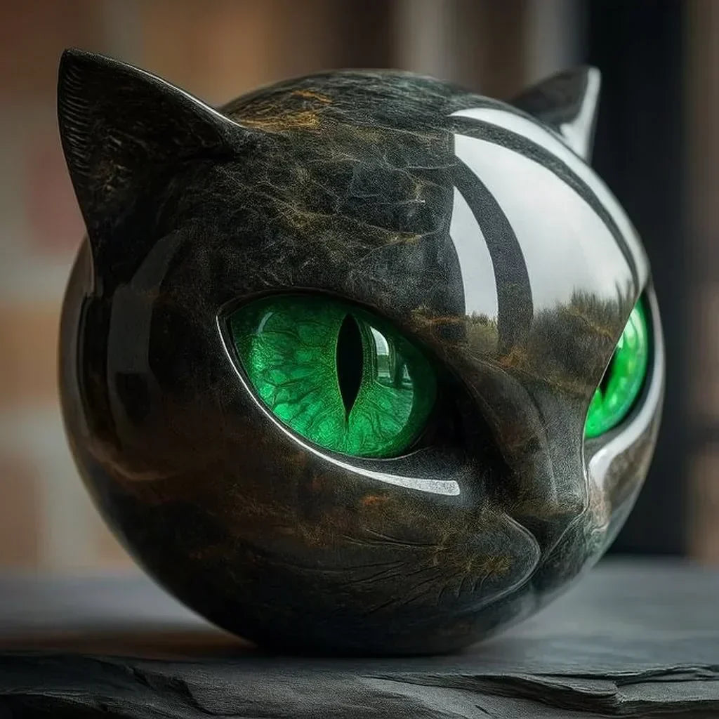 Glossy Marble-Like Resin Cat Head Sculpture with Hypnotic Eyes – Ideal for Living Room or Office