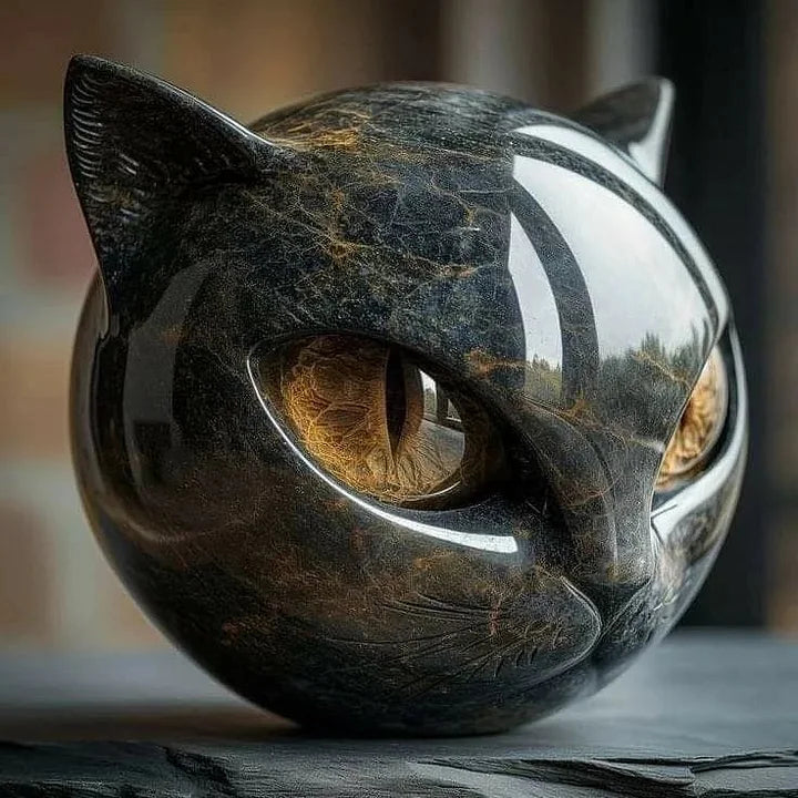 Glossy Marble-Like Resin Cat Head Sculpture with Hypnotic Eyes – Ideal for Living Room or Office