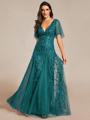Grace | Fitted V-Neck Ruffle Sleeve Prom Dress