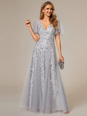 Grace | Fitted V-Neck Ruffle Sleeve Prom Dress