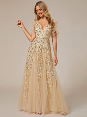 Grace | Fitted V-Neck Ruffle Sleeve Prom Dress