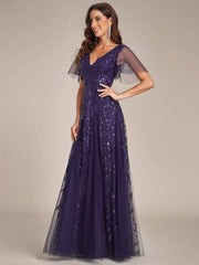 Grace | Fitted V-Neck Ruffle Sleeve Prom Dress