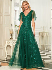 Grace | Fitted V-Neck Ruffle Sleeve Prom Dress