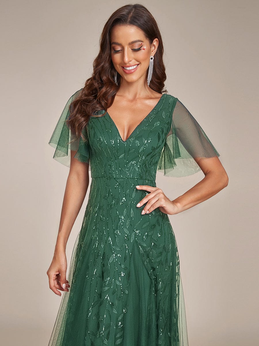 Grace | Fitted V-Neck Ruffle Sleeve Prom Dress