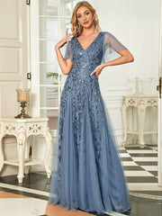 Grace | Fitted V-Neck Ruffle Sleeve Prom Dress