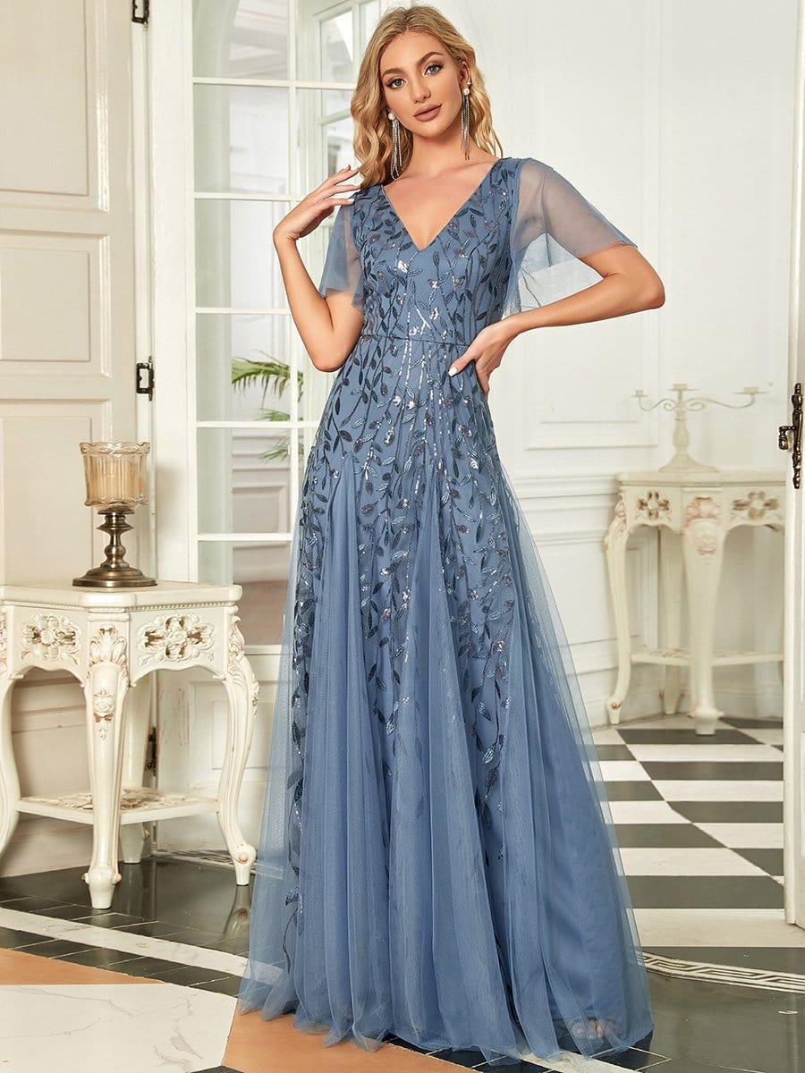 Grace | Fitted V-Neck Ruffle Sleeve Prom Dress