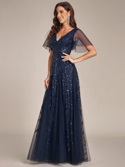 Grace | Fitted V-Neck Ruffle Sleeve Prom Dress